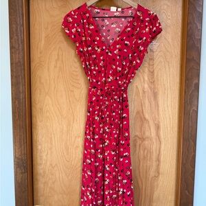 GAP Red Floral Wrap Midi Dress XS Cap Sleeve Cottagecore Spring Summer